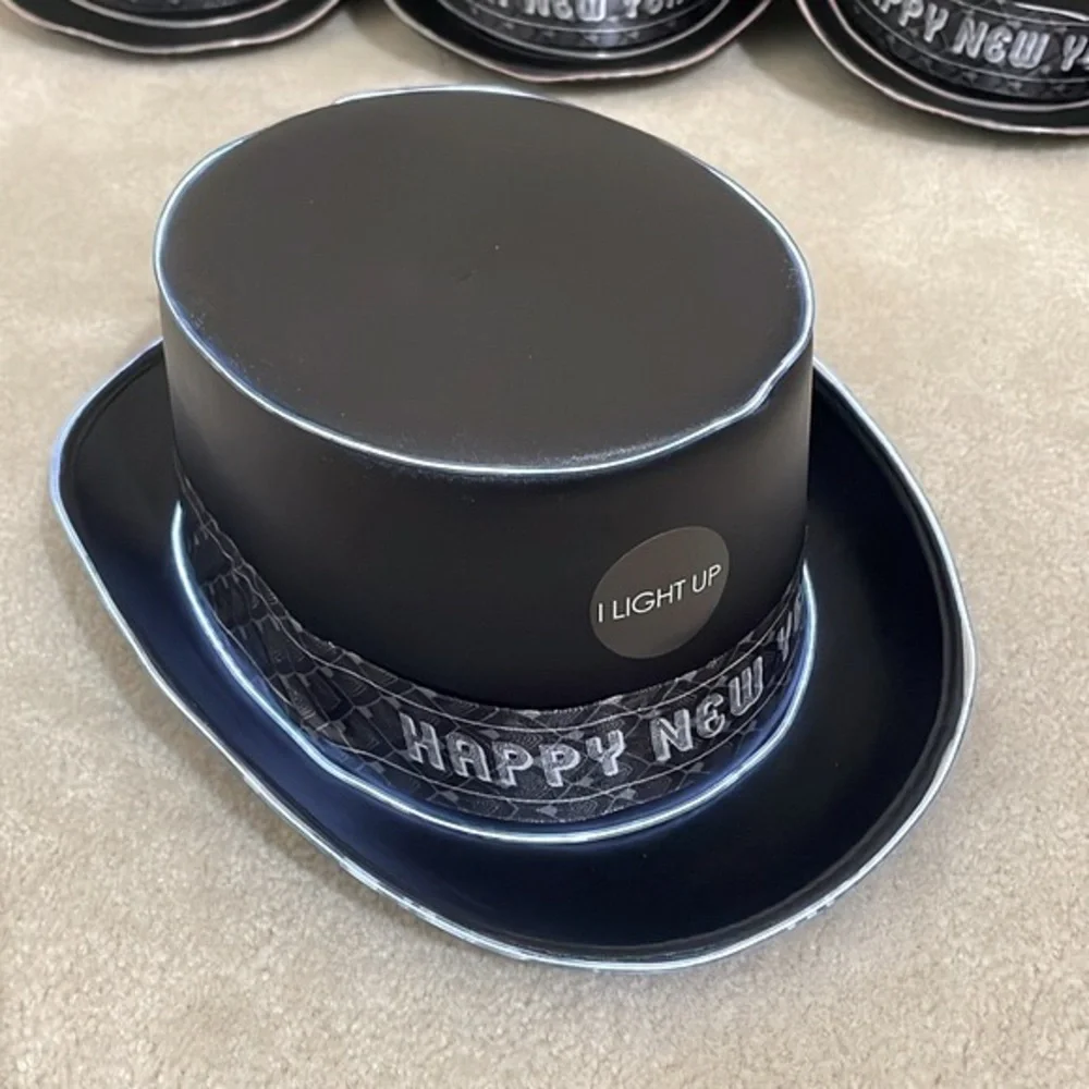 Lot of 6 NEW Happy New Year Light up top hats Black & Silver Celebration Party